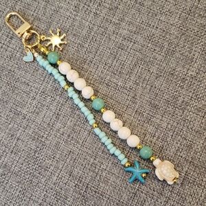 Ivory, Gold and Turquoise Beaded Bag Charm Key Chain